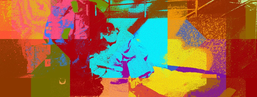 A vibrant, abstract artwork depicting figures engaged in an activity amidst a colorful background of geometric shapes and various hues.