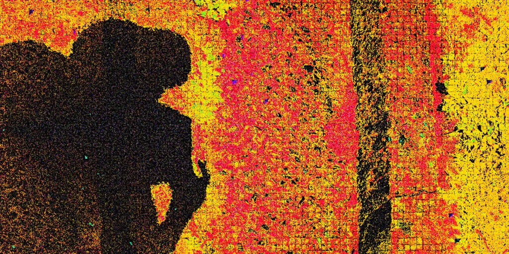 An abstract digital artwork featuring vibrant colors of red, yellow, and orange, with contrasting darker silhouettes, creating a visually striking composition.