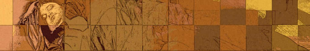 An abstract artwork featuring a series of squares in warm earthy tones, depicting a figure in a reclining position with an expressive face.