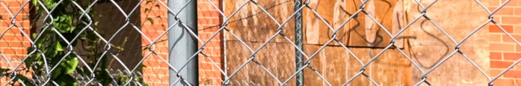 A chain-link fence with greenery growing through it, in front of a weathered wooden wall and brick background.