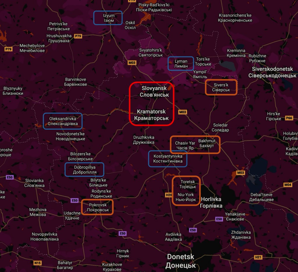 Map highlighting key locations in eastern Ukraine, with Slovyansk and Kramatorsk marked in red.