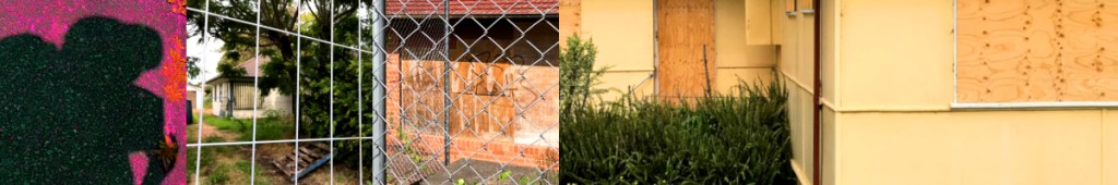 A shadow of two figures on a colourful surface, alongside a chain-link fence with a view of an abandoned house in the background. The centre shows a boarded-up house with a window covered in plywood and overgrown grass in the foreground.