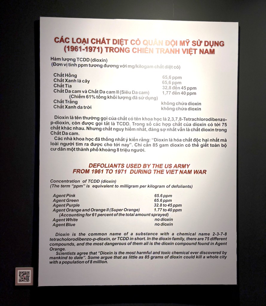 Information panel detailing the types and concentrations of herbicides, including dioxin, used by the US Army during the Vietnam War from 1961 to 1971. The panel lists agents such as Agent Orange, Pink, Green, Purple, White, and Blue, along with their dioxin concentrations. It explains the effects of dioxin and its significance as a harmful chemical.