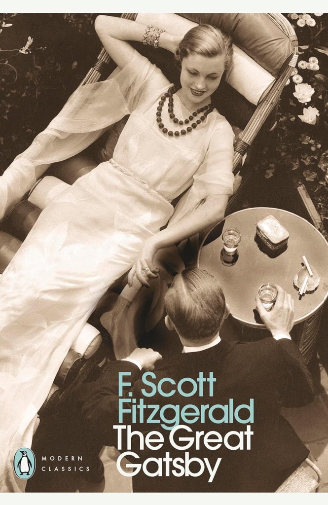 Cover of 'The Great Gatsby' by F. Scott Fitzgerald, featuring a woman in a vintage dress lounging in a garden, with a man seated nearby.