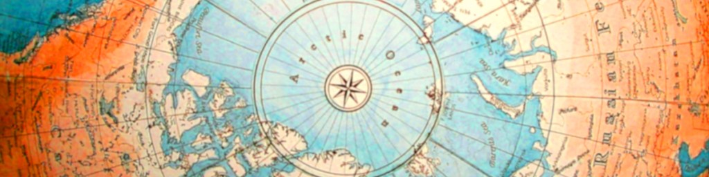 A vintage map of the Arctic region showing ocean, landforms, and a compass rose in the centre.