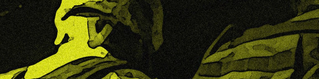 An abstract representation of a figure with yellow hues and dark shadows, resembling a carved stone or sculpture.