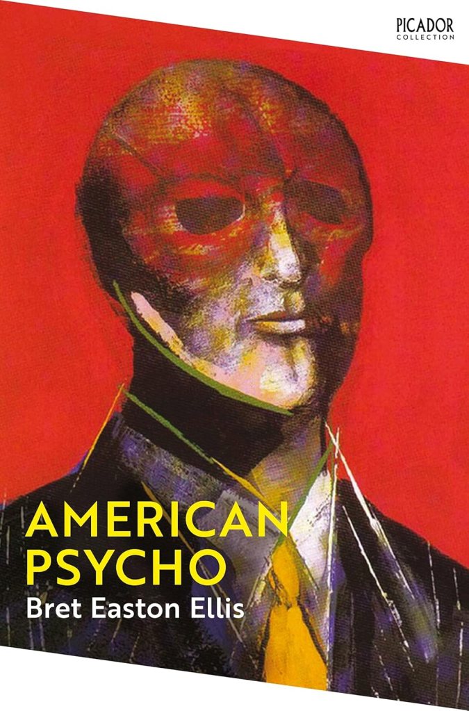 Book cover of 'American Psycho' by Bret Easton Ellis featuring an abstract illustration of a masked figure against a red background.