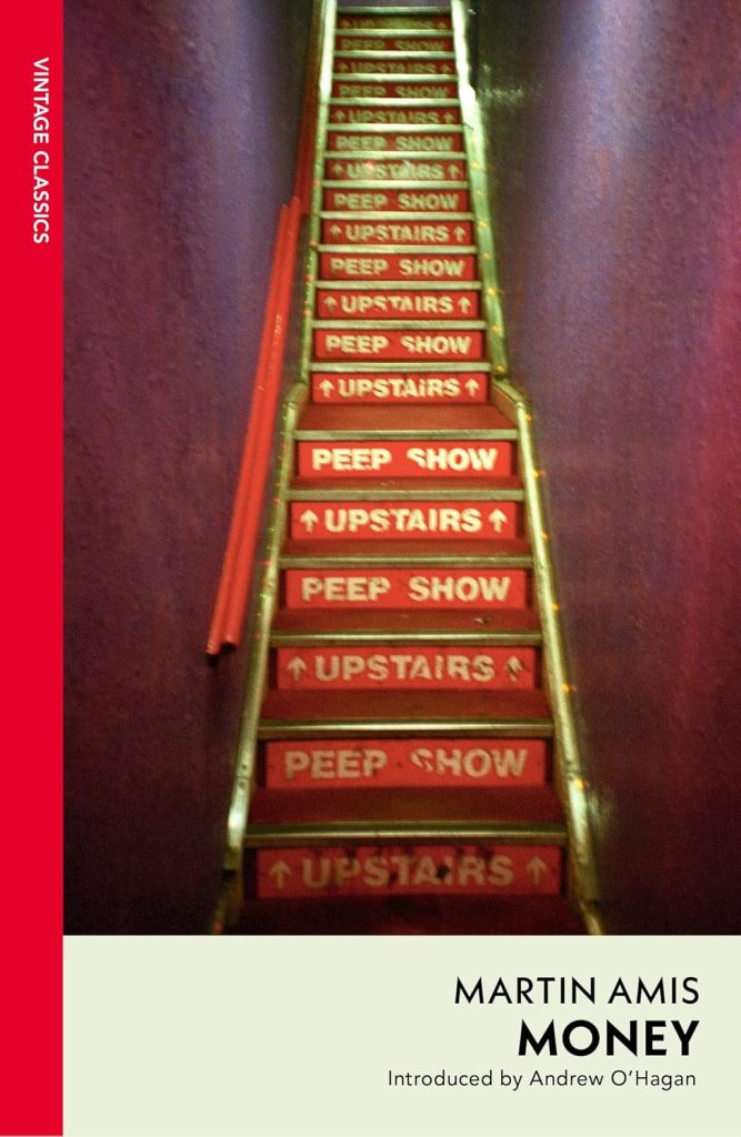 Stairs with signs reading 'PEEP SHOW' and 'UPSTAIRS' in a dimly lit environment, featuring a vintage book cover for 'Money' by Martin Amis.