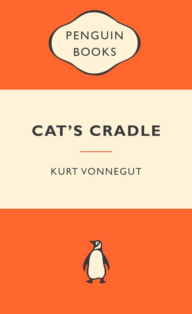 Book cover of 'Cat's Cradle' by Kurt Vonnegut, featuring a minimalist design with an orange background and a small penguin illustration.