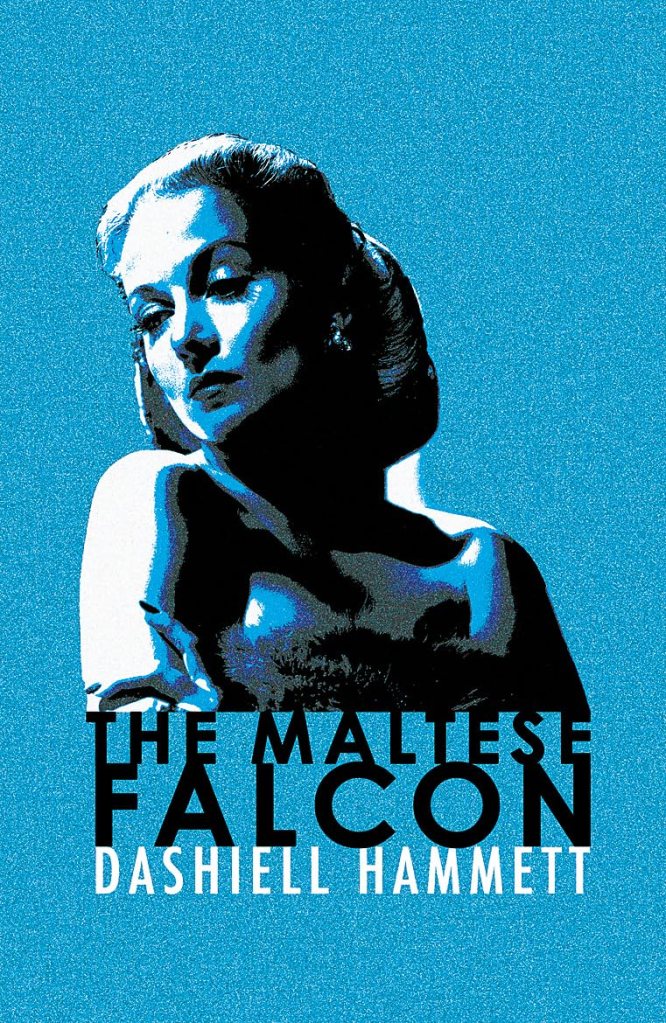 A stylised, blue-toned illustration of a woman with elegant features, looking thoughtfully to the side, representing the novel 'The Maltese Falcon' by Dashiell Hammett.