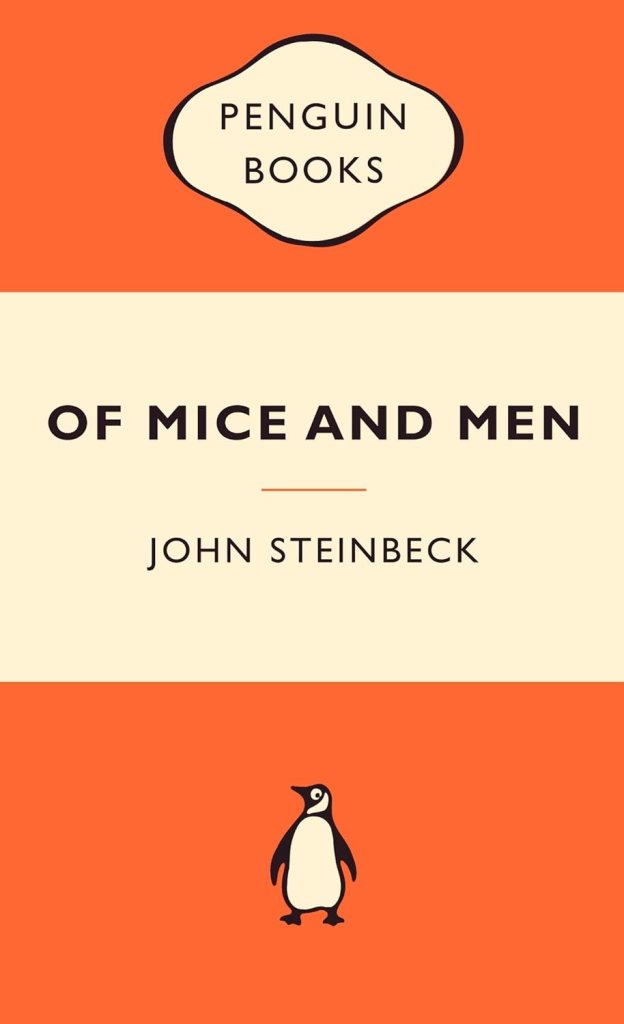 Cover of 'Of Mice and Men' by John Steinbeck, featuring the Penguin Books logo and an orange background.