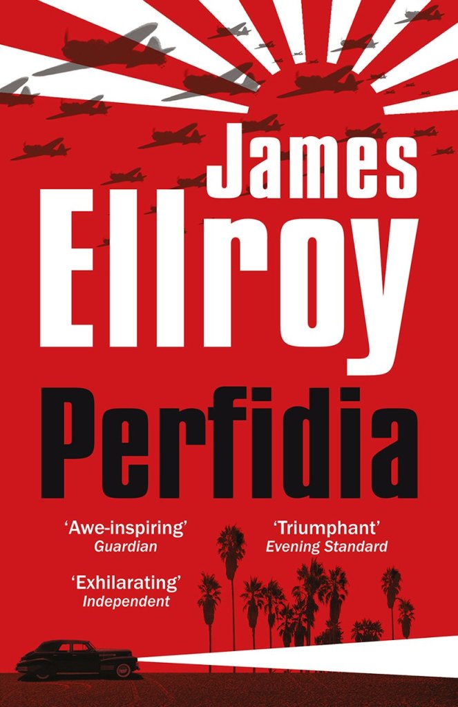 Book cover of 'Perfidia' by James Ellroy featuring a bold red background, silhouettes of airplanes, and palm trees. The title and author's name are prominently displayed.