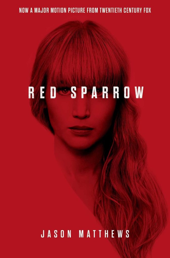 Book cover of 'Red Sparrow' by Jason Matthews featuring a woman with long hair against a red background.