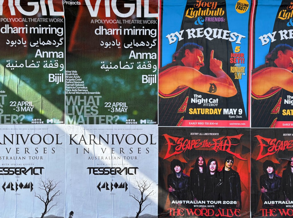 A collage of event posters featuring 'Vigil', a polyvocal theatre work, 'Karnivool' Australian tour, 'By Request' concert featuring Joey Lightbulb and friends, and 'Escape the Fate' Australian tour with The Word Alive. Various dates and locations are mentioned.