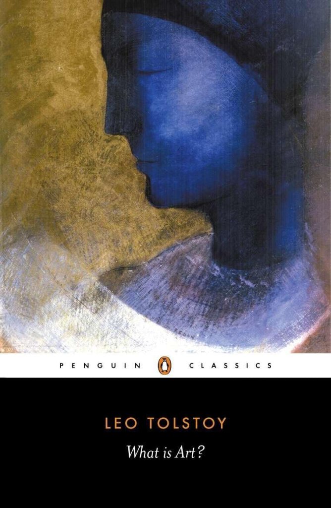 Book cover of 'What is Art?' by Leo Tolstoy, featuring a blue silhouette of a face against a gold background, with the title and author's name prominently displayed.