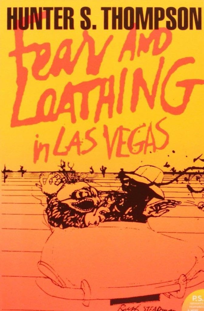 Book cover of 'Fear and Loathing in Las Vegas' by Hunter S. Thompson featuring a vibrant orange background and an illustration of two characters in a car.