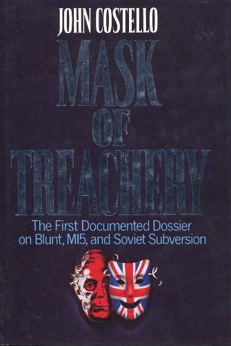 Book cover of 'Mask of Treachery' by John Costello, featuring a dark background, the title in large text, and a graphic of a face with a British flag.