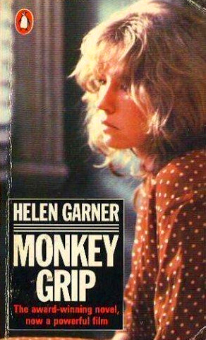 Cover of the book 'Monkey Grip' by Helen Garner, featuring a woman with curly hair against a window, wearing a polka dot blouse.