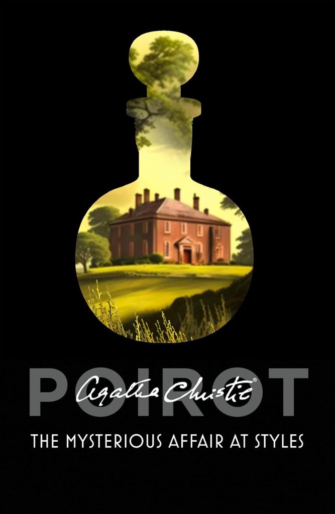 Illustration of a perfume bottle silhouette featuring a manor house and greenery, promoting Agatha Christie's 'The Mysterious Affair at Styles'.