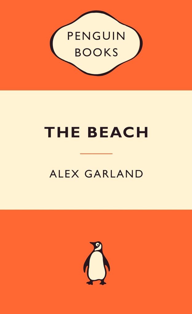 Cover of 'The Beach' by Alex Garland, published by Penguin Books, featuring an orange background and a simple illustration of a penguin.