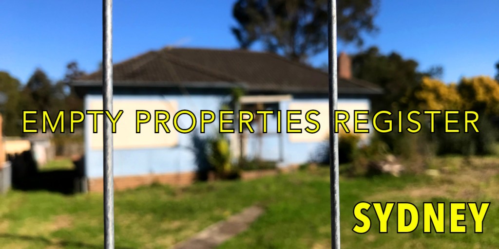 Image of a house in Sydney with a blurred foreground featuring metal bars, displaying the text 'EMPTY PROPERTIES REGISTER'.