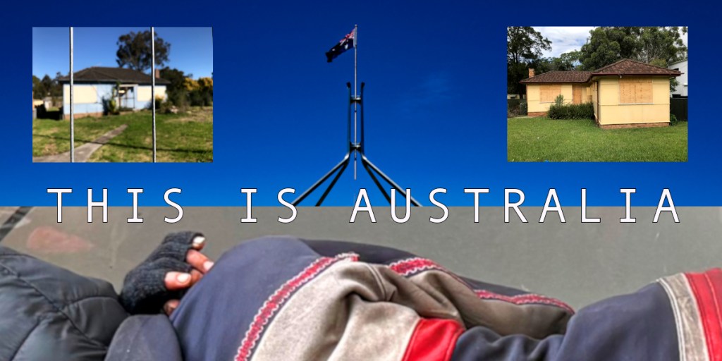An outdoor scene featuring two images of houses in Australia, with a flagpole and blue sky in the background, and the text 'THIS IS AUSTRALIA' at the bottom.