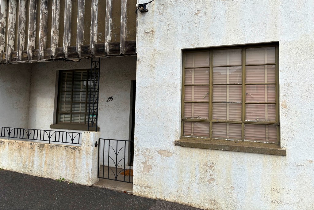 Exterior view of a building with a worn facade, featuring a closed door and two windows with wooden frames and blinds. The address '295' is displayed next to the entrance.