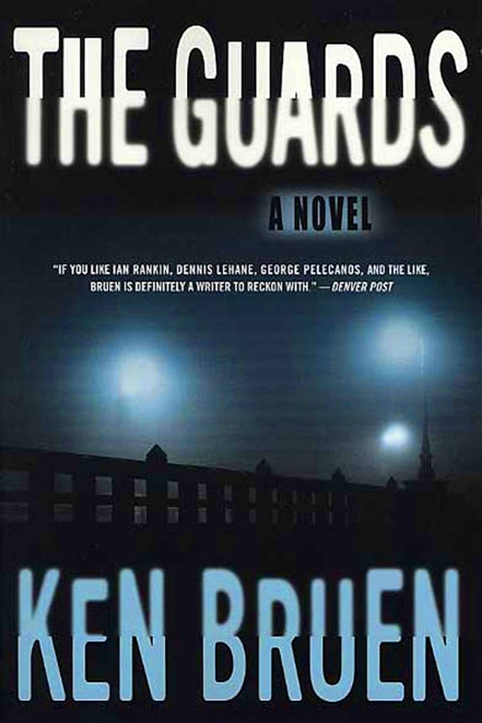 Cover of 'The Guards' novel by Ken Bruen, featuring dark tones and illuminated orbs in the background.