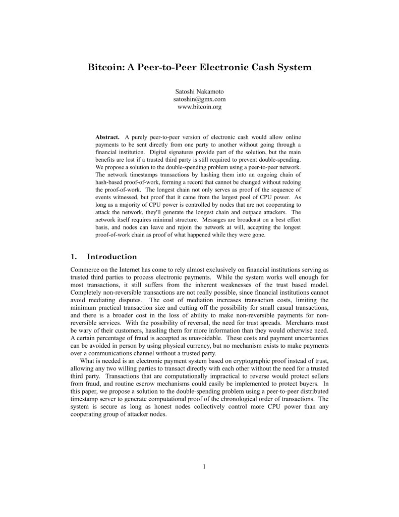 An academic paper titled 'Bitcoin: A Peer-to-Peer Electronic Cash System' by Satoshi Nakamoto, discussing the structure and function of a decentralised digital currency and the solutions to avoid double spending.