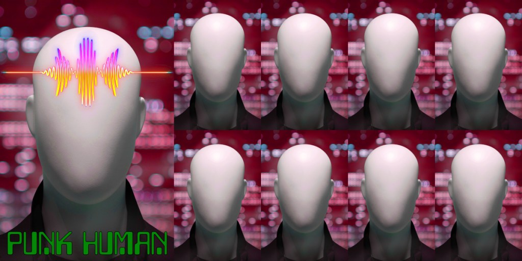 A stylised human head with a soundwave graphic on the forehead, surrounded by several identical heads against a blurred red background. The text 'PUNK HUMAN' is displayed in bold green at the bottom.