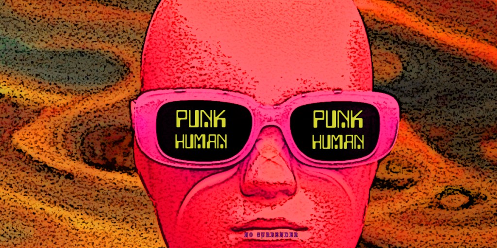 A stylised illustration of a humanoid figure with a pink head and oversized sunglasses featuring the text 'PUNK HUMAN' in bold yellow letters, set against a vibrant, abstract background.