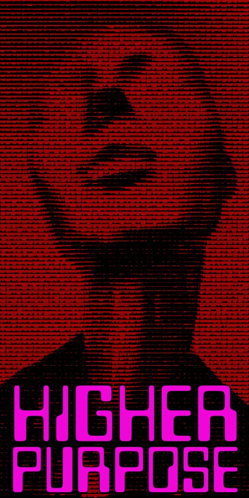 A stylised image of a person with their head tilted back against a red background, featuring the text 'HIGHER PURPOSE' in bold pink letters.