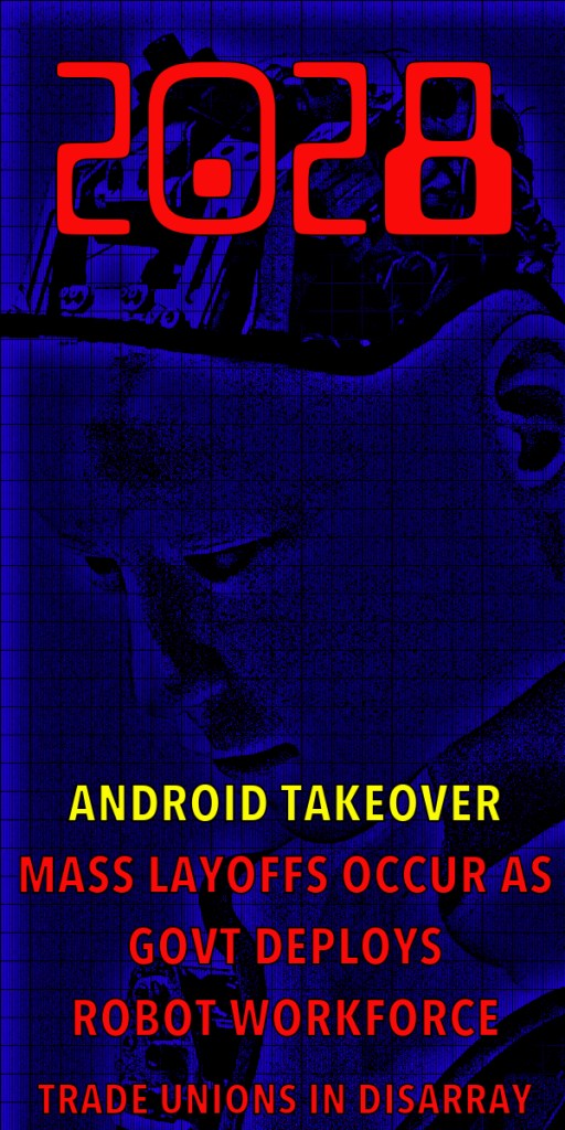 Futuristic graphic depicting the year 2028, featuring a robotic figure with circuit patterns, overlaid with bold text about android takeover, government layoffs, and trade unions in disarray.