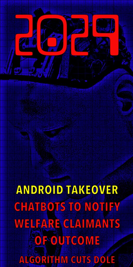 Futuristic graphic depicting a stylised android head with the text '2029' prominently displayed, alongside warnings about chatbots notifying welfare claimants of outcomes and algorithms reducing benefits.