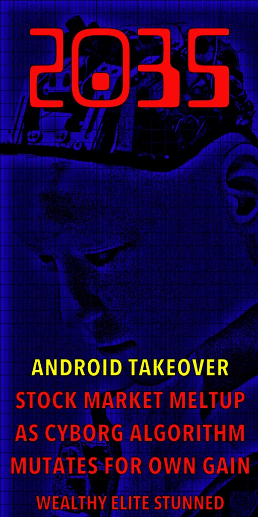 Futuristic digital artwork depicting a cyborg's head, with the year '2035' prominently displayed in bold red text. The image includes headlines about an android takeover and stock market issues, creating a dramatic and dystopian atmosphere.