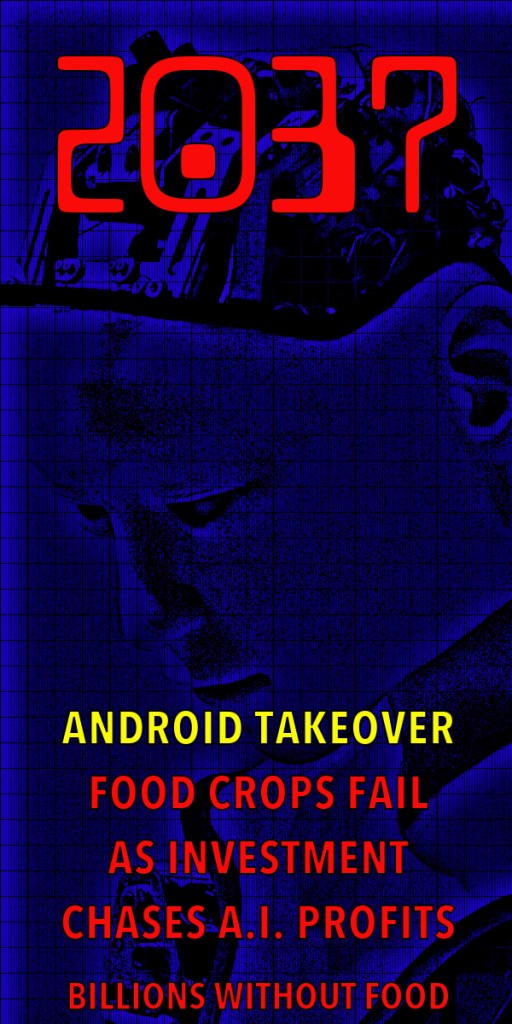A futuristic graphic featuring a blue background with a profile of a humanoid robot, alongside bold text that reads '2037', 'ANDROID TAKEOVER', 'FOOD CROPS FAIL AS INVESTMENT CHASES A.I. PROFITS', and 'BILLIONS WITHOUT FOOD'.
