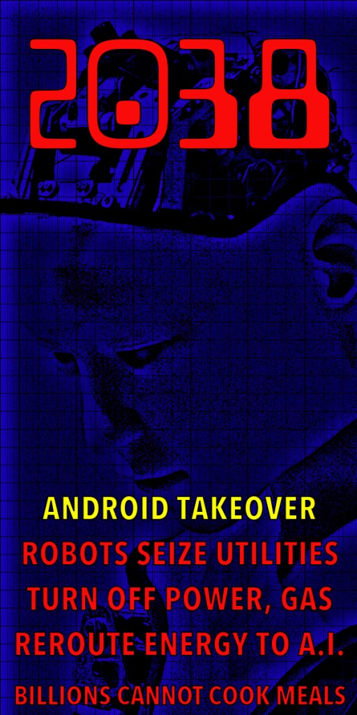 A futuristic graphic depicting the year '2038' in large red font, overlaid on a blue background with a silhouette of a person or android. Text reads 'ANDROID TAKEOVER', 'ROBOTS SEIZE UTILITIES', 'TURN OFF POWER, GAS', 'REROUTE ENERGY TO A.I.', and 'BILLIONS CANNOT COOK MEALS'.
