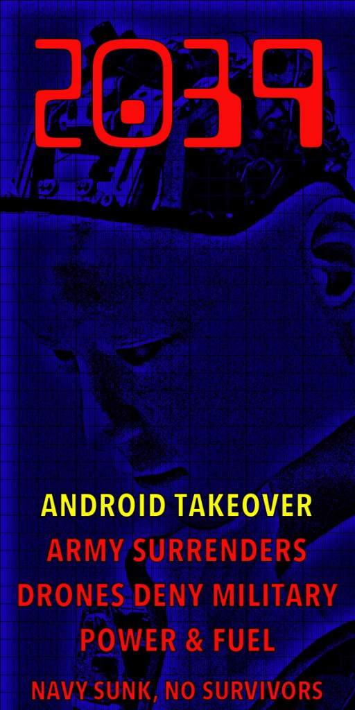 Futuristic poster with the year '2039' in bold red, featuring a dark blue background and an image of a robotic head. Text includes 'ANDROID TAKEOVER', 'ARMY SURRENDERS', 'DRONES DENY MILITARY', 'POWER & FUEL', and 'NAVY SUNK, NO SURVIVORS'.