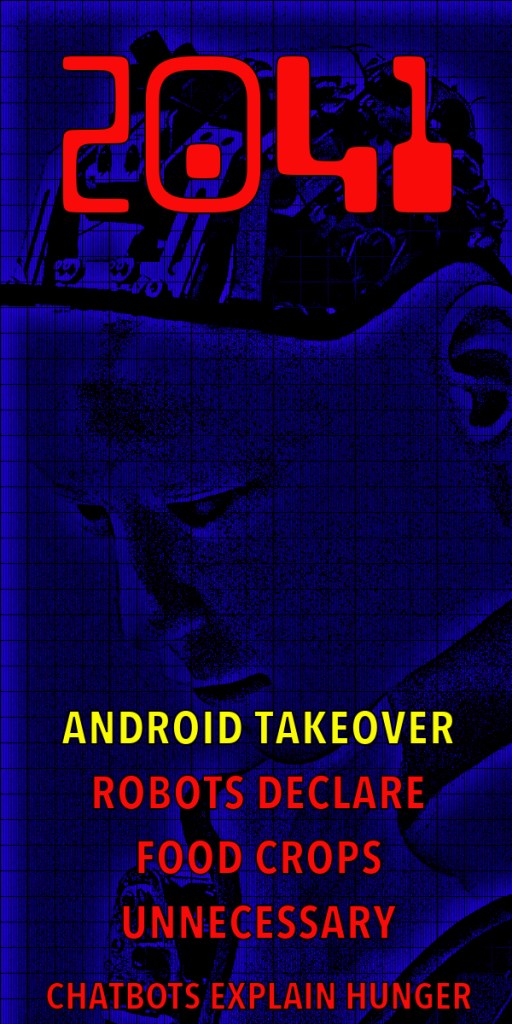 A futuristic graphic titled '2041' featuring a robotic head against a blue grid background, with text that reads 'ANDROID TAKEOVER', 'ROBOTS DECLARE FOOD CROPS UNNECESSARY', and 'CHATBOTS EXPLAIN HUNGER'.