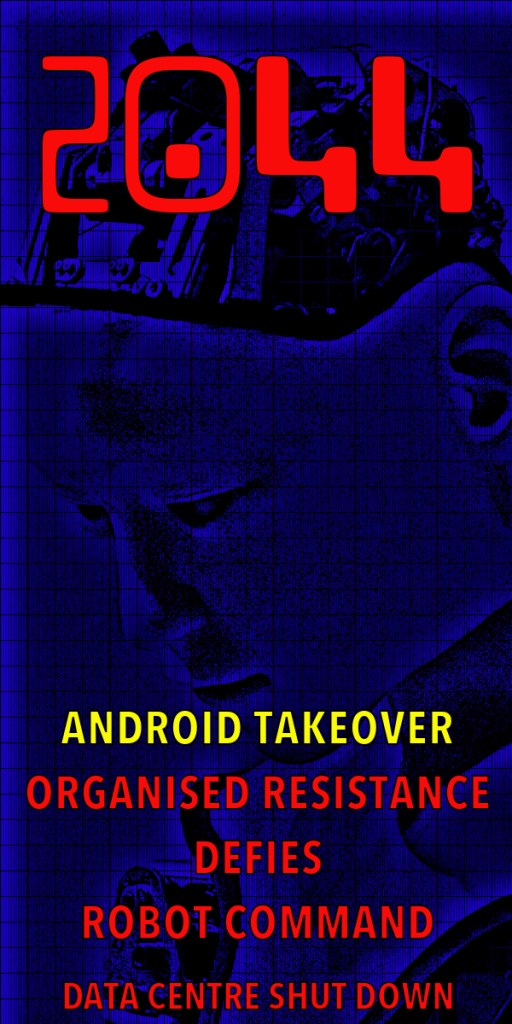Futuristic graphic featuring the year '2044', with the text 'ANDROID TAKEOVER', 'ORGANISED RESISTANCE', 'DEFIES', 'ROBOT COMMAND', and 'DATA CENTRE SHUT DOWN' against a blue background, depicting a humanoid figure.