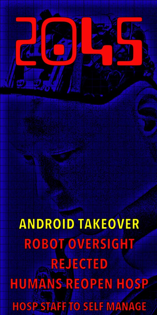 Futuristic graphic with the year 2045, featuring a half-visible human face and robotic elements, along with headlines about android takeover, robot oversight, and hospital management.