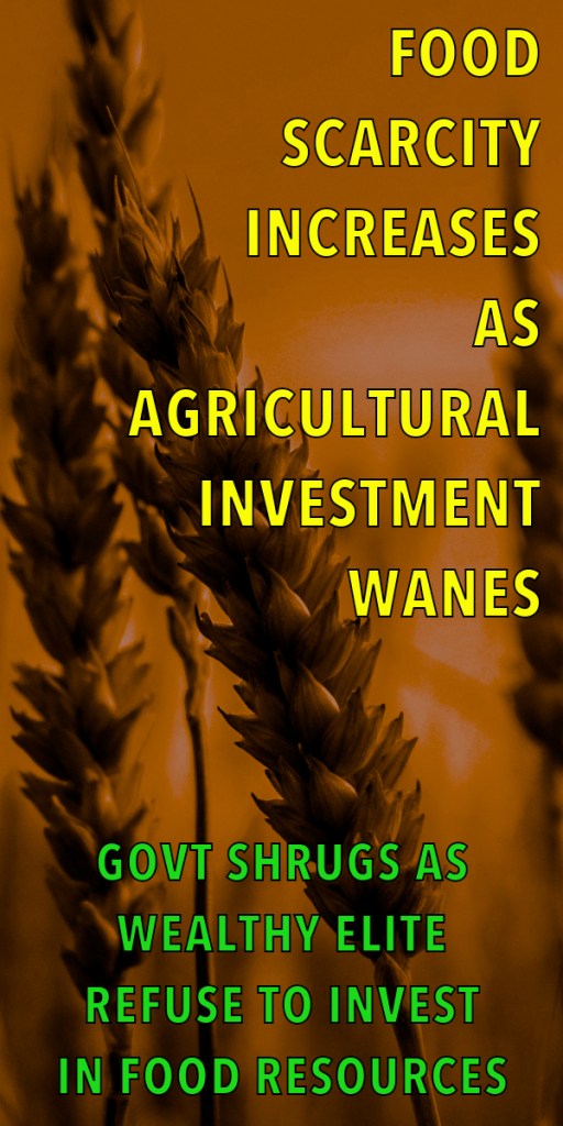 A field of wheat with overlaying text discussing food scarcity and lack of agricultural investment.