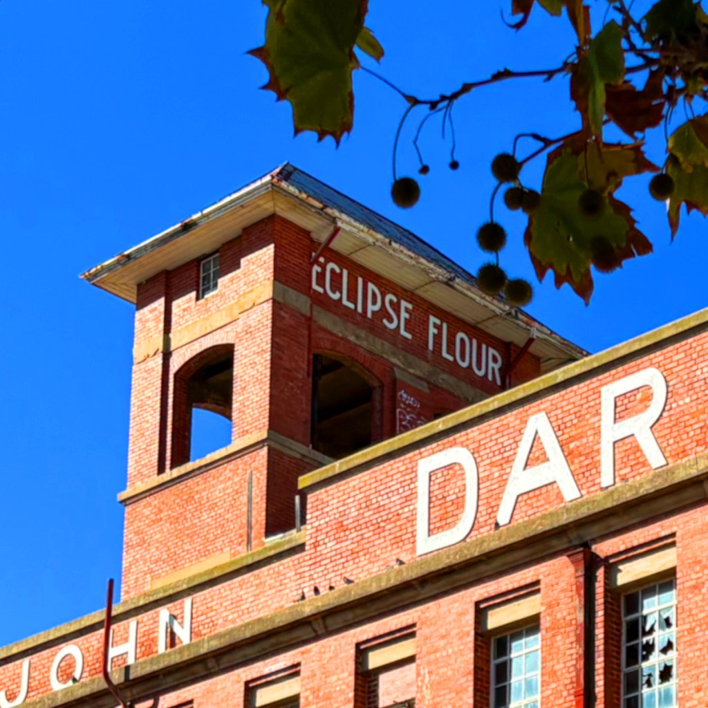 Close-up view of an old brick building with 'Eclipse Flour' sign on the top section and 'DARD' on the lower section, under a clear blue sky.