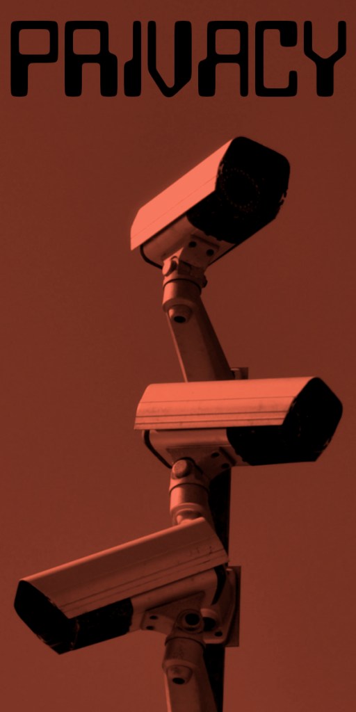Three surveillance cameras against a red background with the word 'Privacy' at the top.