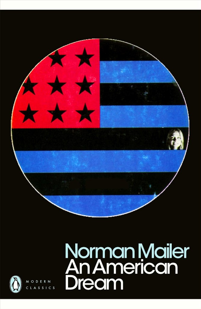 Book cover for 'An American Dream' by Norman Mailer, featuring a design with red, black, and blue stripes, and a dark background.