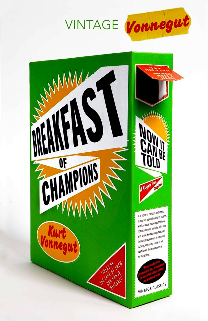 Cover of 'Breakfast of Champions' by Kurt Vonnegut, featuring bold graphics and bright colours, including green, yellow, and orange elements.