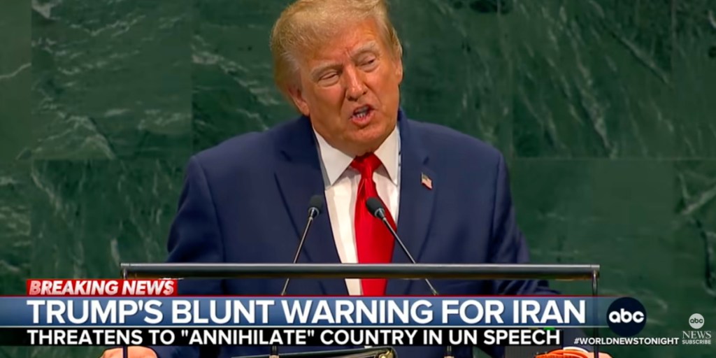 Former US President Donald Trump speaking at the UN General Assembly, delivering a warning to Iran.
